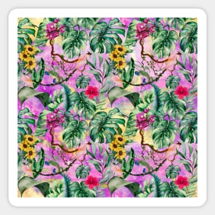 Cute tropical floral leaves botanical illustration, tropical plants,leaves and flowers, pink purple leaves pattern Sticker